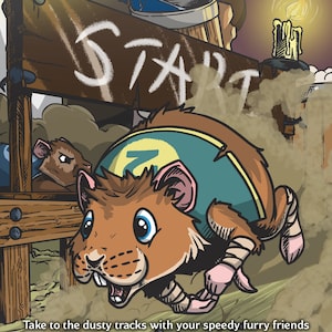 May include: A cartoon illustration of a hamster wearing a blue and yellow racing jersey, running on a dusty track. The hamster is in the middle of a race, with a sign that says "START" in the background. The image is for a board game called "Hamster Racing".