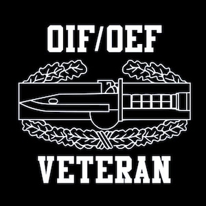 May include: A white silhouette of a military combat service ribbon with the text "OIF/OEF VETERAN" on a black background.