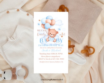 Adorable bear themed digital editable baby shower invitation for baby boy