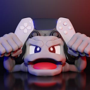 Puede incluir: Una figura gris, de estilo de dibujos animados, con una boca ancha y ojos grandes, sosteniendo un mando de videojuego blanco y negro en sus manos. La figura está en posición de lucha.