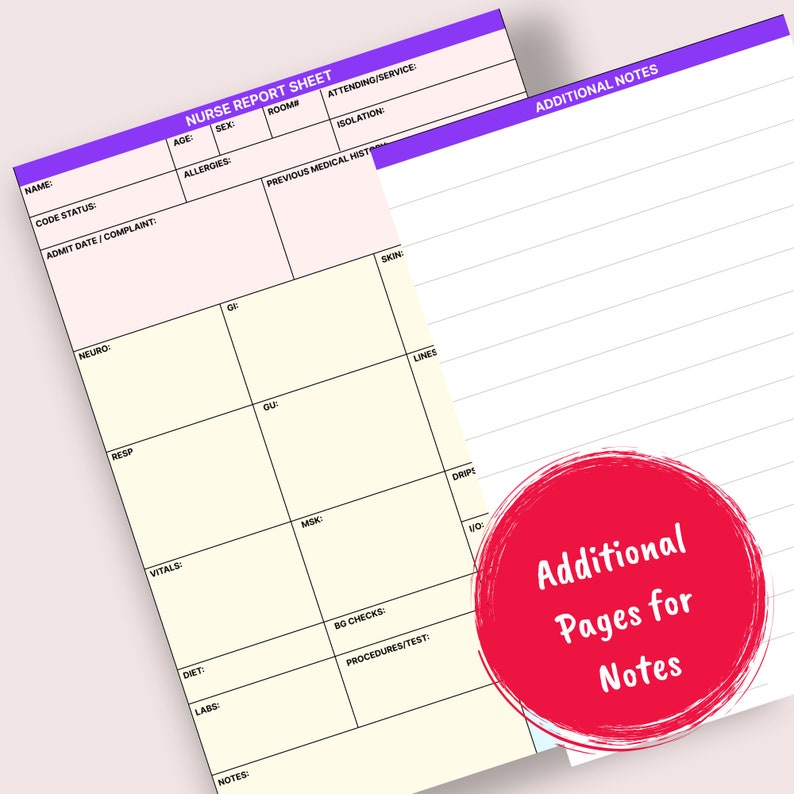 Nursing Report Sheet, Nurse Shift Report, Nurse Brain Sheet, Nurse