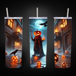 May include: A stainless steel tumbler with a Halloween-themed design. The design features a jack-o'-lantern holding a sword and a small pumpkin. The background is a dark, spooky street scene with a full moon and a raven.