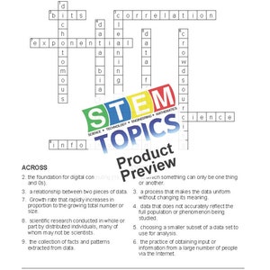 May include: A STEM TOPICS crossword puzzle with the words "STEM TOPICS" in a colorful logo at the top. The puzzle has 9 clues across and 6 clues down. The puzzle is about science, technology, engineering, and mathematics.