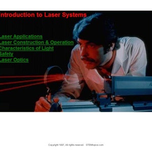 Op de afbeelding: Een persoon gebruikt een lasersysteem. De afbeelding bevat de tekst "Inleiding tot lasersystemen", "Laserapplicaties", "Laserconstructie en -werking", "Kenmerken van licht", "Veiligheid" en "Laseroptica".