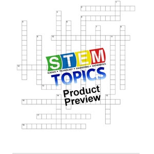May include: A black and white crossword puzzle with the words "STEM TOPICS" and "Product Preview" in a colorful banner. The puzzle is divided into 18 numbered squares.