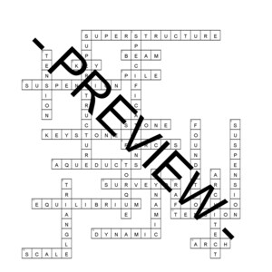 Op de afbeelding: Een zwart-witte kruiswoordpuzzel met het woord "Antwoorden" bovenaan. De puzzel is gevuld met woorden die te maken hebben met constructie en engineering, zoals "superstructuur", "balk", "paal", "sleutelstenen", "aqueducten", "onderzoek", "evenwicht", "dynamisch", "schaal" en "boog".