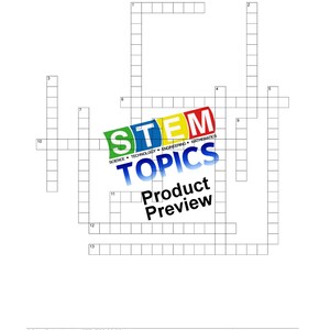Puede incluir: Un crucigrama en blanco y negro con la palabra "STEM TOPICS" en el centro. El crucigrama tiene 13 filas y 9 columnas. El crucigrama está diseñado para que los estudiantes aprendan sobre ciencia, tecnología, ingeniería y matemáticas.