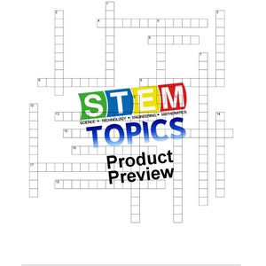 Könnte beinhalten: Ein Schwarzweiß-Kreuzworträtsel mit den Worten "STEM TOPICS" in der Mitte. Das Rätsel ist in 18 Felder unterteilt, die mit den Zahlen 1 bis 18 beschriftet sind. Die Wörter "Naturwissenschaften, Technologie, Ingenieurwesen, Mathematik" stehen unter dem Wort "STEM". Die Wörter "Produktvorschau" stehen unter dem Kreuzworträtsel.