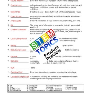 May include: A worksheet with a list of computer science terms and their definitions. The terms include: Round-off Error, Open Access, Digital Data, Open Source, Analog Data, Bit, Creative Commons, Lossy Compression, Binary, Data Compression, Decimal, Sampling, Byte, Overflow Error, and Lossless Compression.
