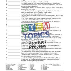 May include: A black and white worksheet with the text "Product Preview" in a large font. The worksheet is a glossary of computer programming terms with definitions. The terms include "pre", "concatenation", "raster", "bitmap", "vector", "raw", "jpeg", "encoding", "run length encoding", "filter", "sampling", "autotune", "frequency", "amplitude", and "backmasking".