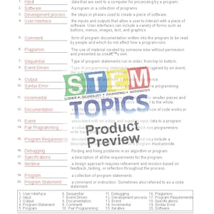 May include: A black and white worksheet with a checklist of programming terms and definitions. The terms include input, software, development process, user interface, comment, plagiarism, sequential, event driven, output, syntax error, incremental, documentation, event, pair programming, program requirements, debugging, specifications, iterative, program, and program statement.