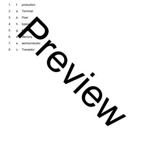 May include: A black and white worksheet with a list of computer terms and their definitions. The terms include production, terminal, pixel, memory, semiconductor, and transistor.