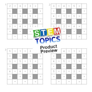 May include: A white worksheet with addition problems in a grid format, labelled "Across Downs." The worksheet features the STEM Topics logo and the text "Product Preview." The problems are designed for educational use.
