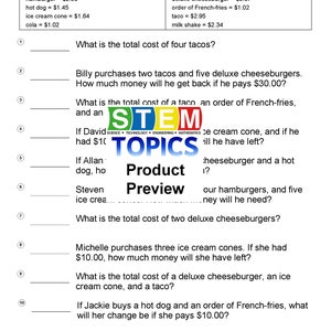 Op de afbeelding: Een werkblad met wiskundige problemen voor leerlingen om op te lossen. De problemen omvatten het berekenen van de kosten van verschillende voedingsmiddelen, zoals taco's, cheeseburgers en ijshoorns. Het werkblad bevat ook een logo voor STEM Topics, een website die educatieve bronnen voor leerlingen biedt.