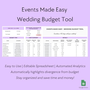 May include: A spreadsheet template for wedding budget planning. The spreadsheet includes a cost summary, budget item list, and details section. The spreadsheet is designed to help couples stay organized and on track with their wedding expenses. The spreadsheet is titled "Events Made Easy - Wedding Budget Tool".