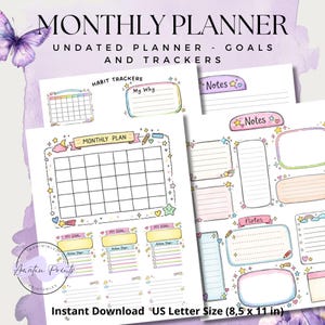 Monthly Planner Printable PDF | Undated Planner | Goals, Habit Tracker & Notes Pages | Instant Download