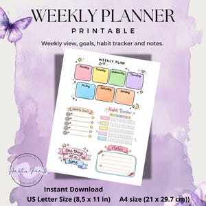 Puede incluir: Un planificador semanal imprimible con un diseño colorido. El planificador incluye secciones para vistas semanales, objetivos, un rastreador de hábitos y notas. Disponible en tamaño US Letter (21,6 x 27,9 cm) y A4 (21 x 29,7 cm).