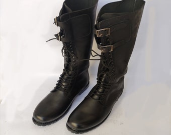Black leather long boot with rubber sole and metal buckles . black boot, black long boot, men long boot, horse riding boot