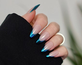 Blue Tips Celeste - Appuyez sur les ongles - Ongles chromés - Différentes formes et longueurs disponibles - Ongles Amande