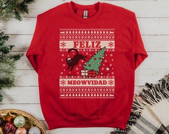 Feliz Meowvidad Pull de Noël laid latino espagnol, Chat Gato Sueter de Navidad