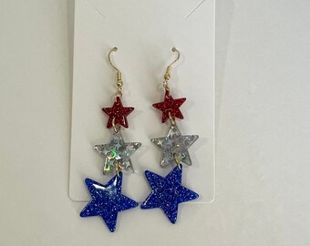 Red White and Blue Sparkly Resin Star Dangle Earrings / Women's Jewelry Accessories / Patriotic Jewelry