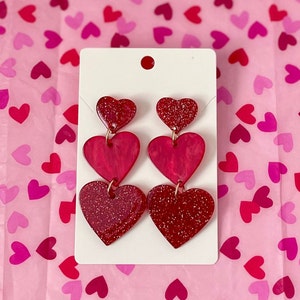 Red Sparkly Hearts on Hearts Dangle Earrings / Valentine&#39;s Day! / Women&#39;s Jewelry Accessories