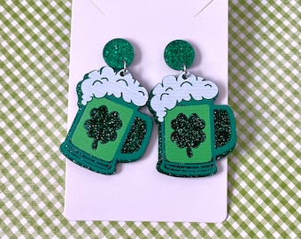 Sparkly Green Beer Dangle Earrings / Women's Jewelry Accessories / St. Patrick’s Day Jewelry Gift