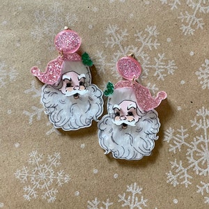 Sparkly Pink Santa Claus Earrings / Tacky Christmas Earrings