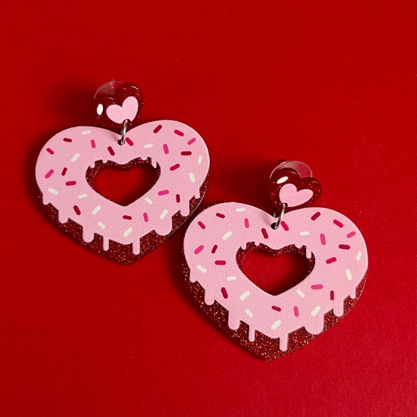 Red and Pink Sprinkle Donut Heart Dangle Earrings / Valentine's Day! / Women's Jewelry Accessories