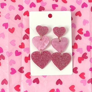 Pearly Deep Pink Hearts on Hearts Dangle Earrings / Valentine&#39;s Day! / Women&#39;s Jewelry Accessories