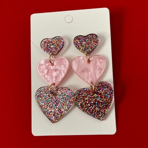 Rainbow Glitter and Pink Hearts on Hearts Dangle Earrings / Valentine&#39;s Day! / Women&#39;s Jewelry Accessories