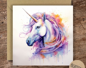 Unicorn Watercolour Card - Birthday Card / Blank Card