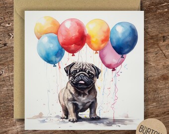 Pug Watercolour Card - Birthday Card / Blank Card