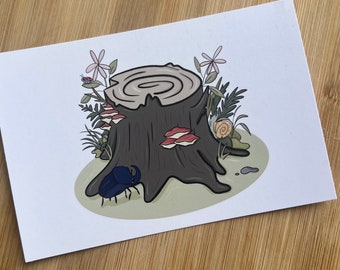 Postal con impresión artística de escena forestal: Ilustración de fiesta de insectos (4x6) Mini impresión