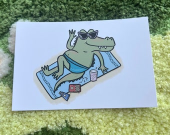 Postal con impresión artística de cocodrilo de vacaciones: Ilustración de caimán playero (4x6)