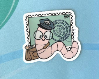 Pegatina de cartero gusano de Worthington: el correo postal más adorable para ratones de biblioteca.