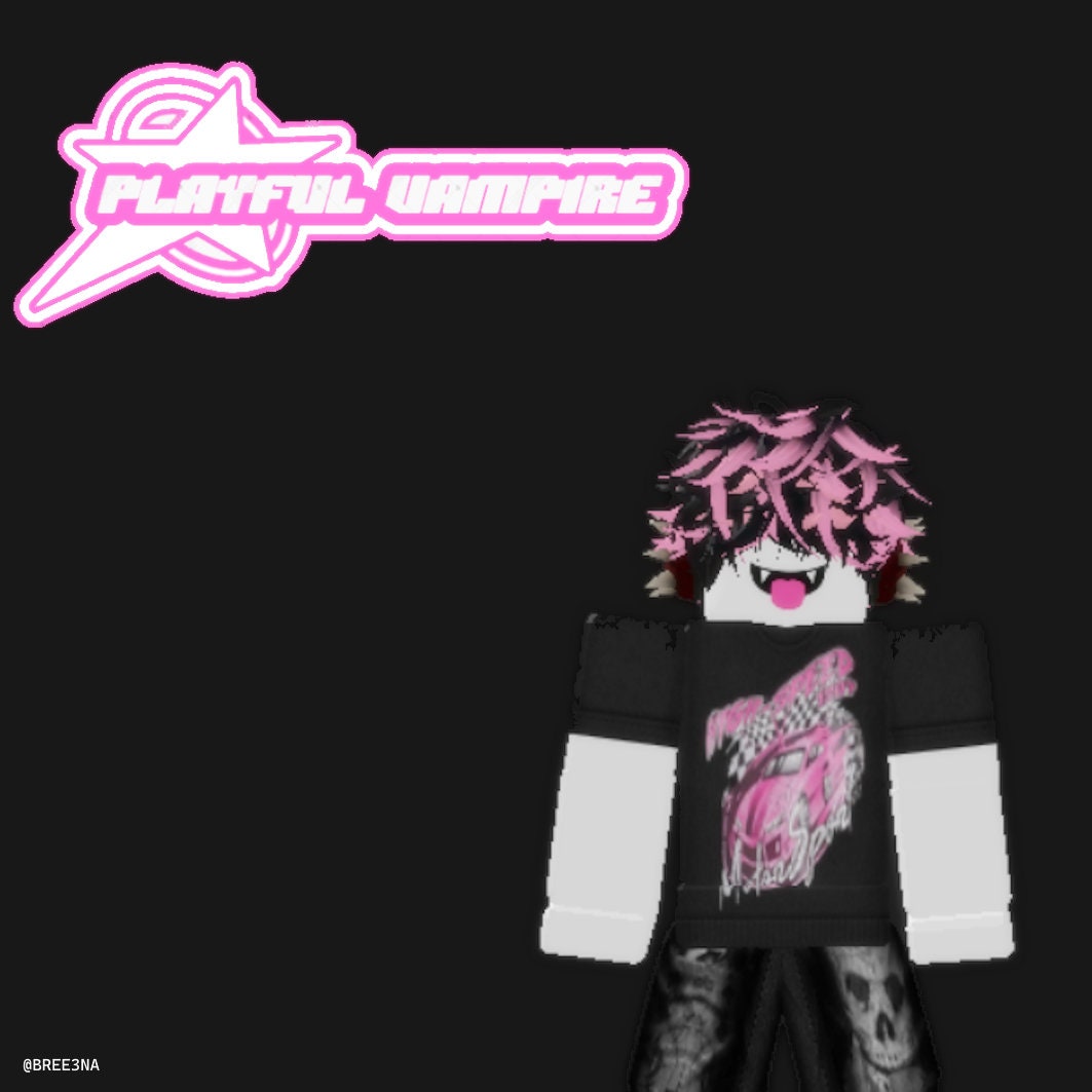 Roblox account, korblox , extreme headphones, playful vampire, super super happy  face