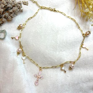 Pink Pearl Catholic Girl Charm Necklace / Cross Charm Necklace / Keys to Heaven Necklace / Charming Jewelry for Women and Girls