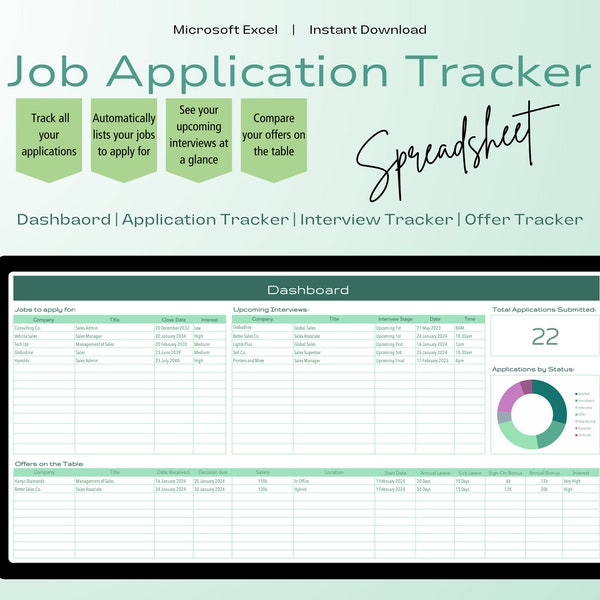 Feuille de calcul Job Tracker pour Excel avec un outil de suivi des emplois, un outil de suivi des entretiens, un outil de suivi des offres d'emploi et un tableau de bord des candidatures