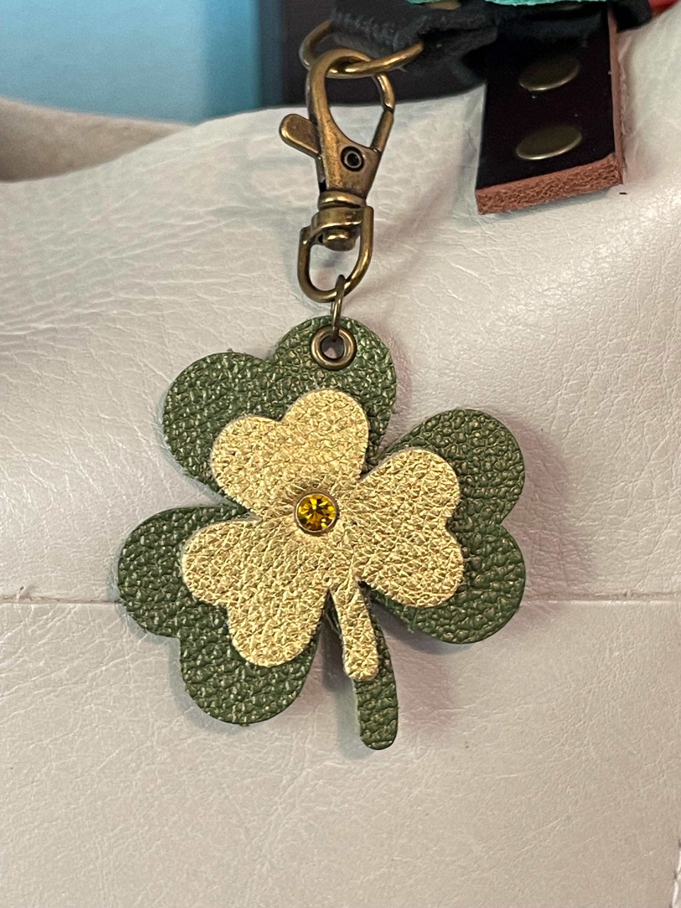 Portland Charm Shamrock Clover PLG Golden Apple and Gold Leather Keyring Fob Purse ...