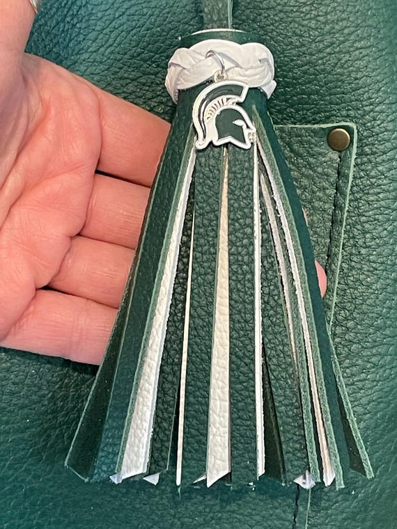 Michigan State University Spartans football green white leather sports tassel. Purse flair, backpack charm, bag bling PLG Portland leather