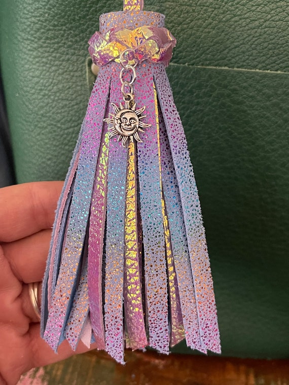 Leather Bag Purse Tassel sun and Moon Charm Iridescent Leather Blue Glitter Leather 6.5” Large for Portland Leather Goods bags