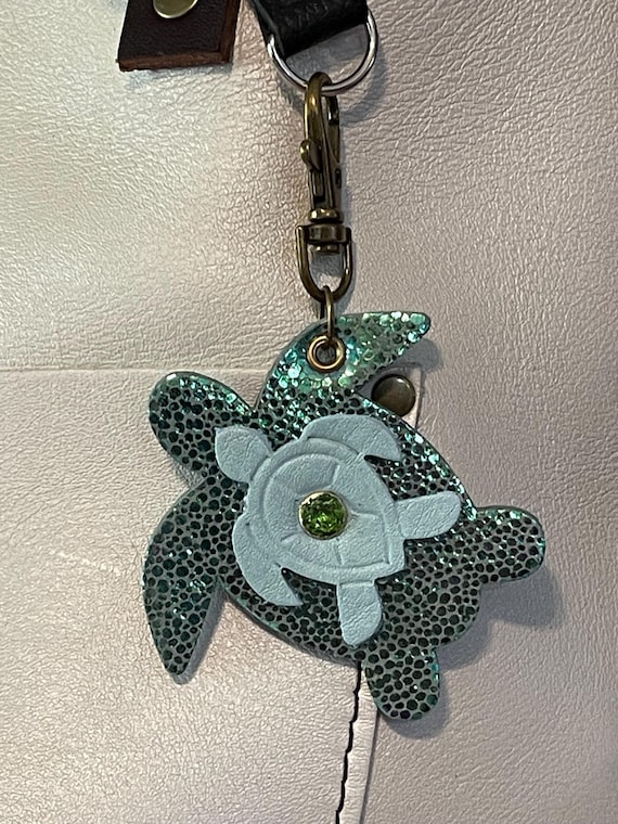 Sea turtle baby Leather Keyring KeyChain Fob Purse Flair Charm mermaid holographic and Portland Leather Goods Cabo leather 4” long 2.75 wide