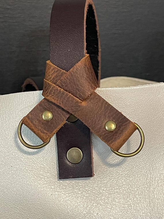 Double loop flair holder to hold 2 separate charms to your PLG Portland Leather Goods Bags Full grain brown leather. Purse charm keychain