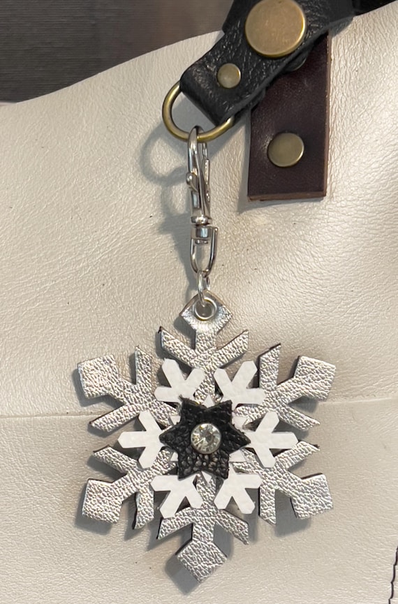 Snowflake Christmas Leather  KeyChain Purse Flair Charm Silver Black White for Portland Leather Goods bag charm  4.5” long w/clip 3” wide