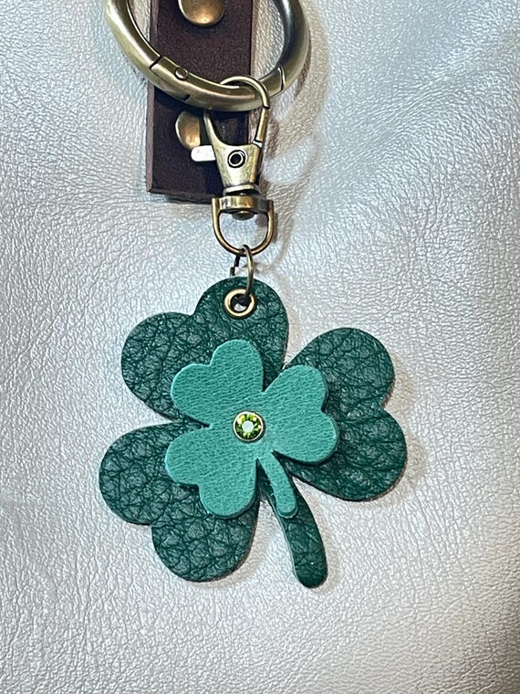 Shamrock Clover made with PLG Reef Bacalar Leathers Keyring KeyChain Fob Purse Flair Charm for Portland Leather Goods bags 4” long 2.75 wide