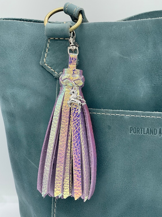 Leather Bag Purse Tassel Unicorn Charm Iridescent Leather 6.5” Large for Portland Leather Goods bags