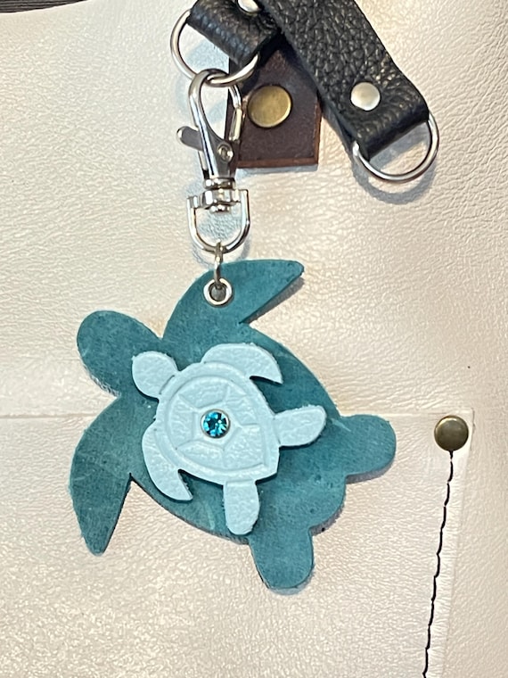 Sea turtle baby Leather Keyring KeyChain Fob Purse Charm Backpack turquoise and  Portland Leather Goods Cabo leather 4” long and 2.5” wide