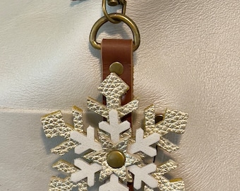 Snowflake Christmas Leather Keyring KeyChain Purse Flair Charm Gold and White Portland Leather Goods bag charm  4.5” long including clip