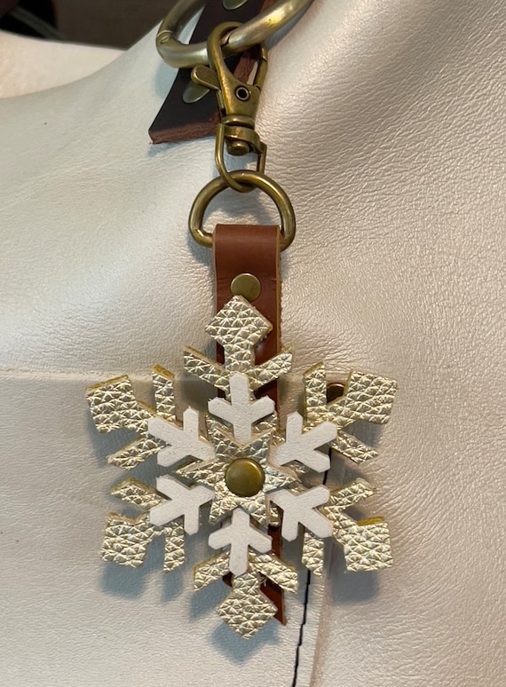 Snowflake Christmas Leather Keyring KeyChain Purse Flair Charm Gold and White Portland Leather Goods bag charm  4.5” long including clip